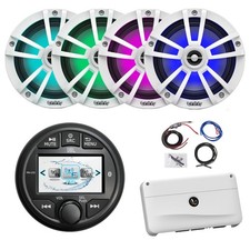 JBL Marine AM/FM/WB Receiver, 4x 6.5" 225W LED Boat White Speakers, Amp w/Kit
