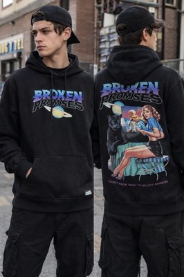 Broken Promises Hoodie Men s Small Black Graphic Planet Bear Pullover