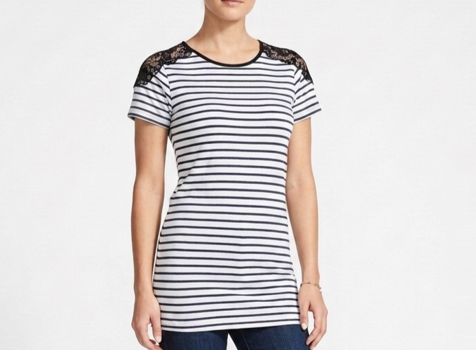 Striped Shirt Blue White Black Lace Nautical Sailor SS Stretch Top Cold Shoulder