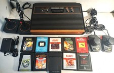 Atari 2600 4-Switch Wood Grain Console Bundle w/ 10 Games! - All Tested !!