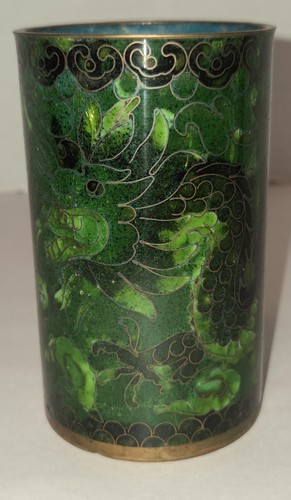 Vintage Cloisonne Brushpot grüner Drache türkis innen Emaille Metalldrachen mythisch - Bild 8 von 23