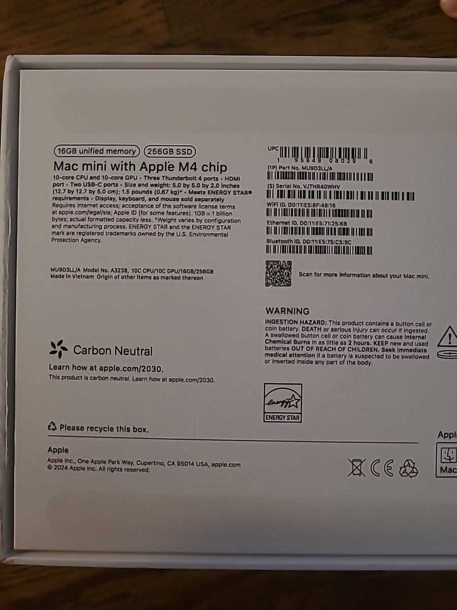 Apple Mac mini M4 256GB SSD 10 Core 16GB Silver MU9D3LL/A Apple Mac mini M4 256GB SSD 10 Core 16GB Silver MU9D3LL/A