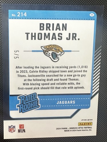 2024 Panini Donruss Optic - Clasificado Novato Brian Thomas Jr. #214 Mojo Azul/5 - Imagen 2 de 2