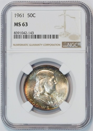 1961 Franklin Silver Half Dollar MS 63 Double Rainbow Toning NGC 50C US COIN