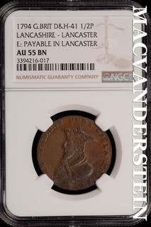 Great Britain: 1794 Lancashire 1/2P D&H 41 NGC AU 55 BN Scarce #SLi465
