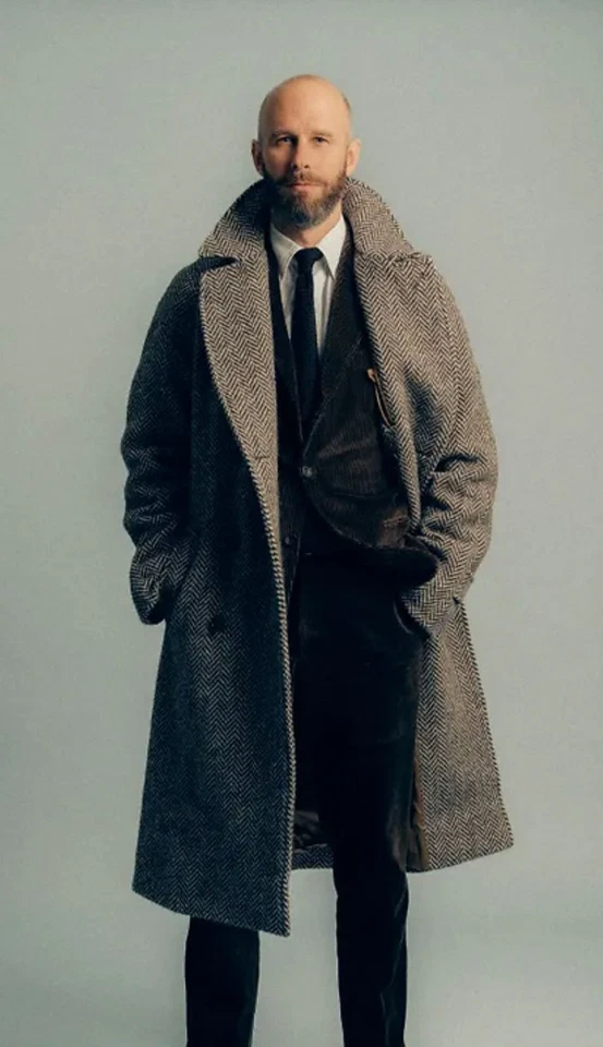 Abrigos de espiga para hombre con cinturón chaqueta de tweed abrigos largos solapa de pico ropa exterior Foto 2 de 4