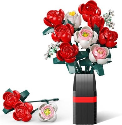Flower Bouquet Building Set with Vase, 841Pcs DIY Roses Block Kit for Kids Adult