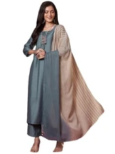 GoSriKi Women's Rayon Viscose Solid Straight Kurta with Pant & Dupatta