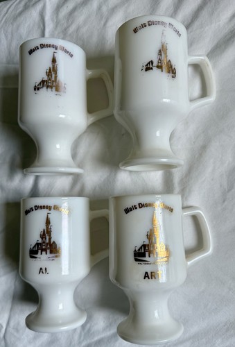 Vintage Walt Disney World Set of 4 White Milk Glass Pedestal Mugs See Pictures - Picture 2 of 14