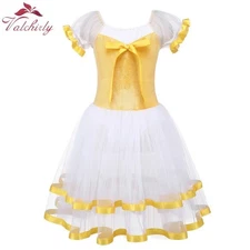 Yellow Ballet Dance Tutu Leotard Girl Dancewear Ribbon Tulle Skirt Party Costume