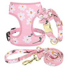Cute Girl Dog Collar Harness Leash Set Flower Mesh Vest Pink-1 Size XS