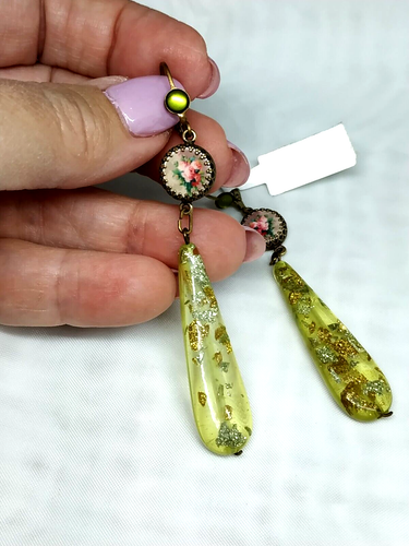 Lovely Michal Negrin Long Earrings Enamel Painting With Flowers #41# - Picture 6 of 8
