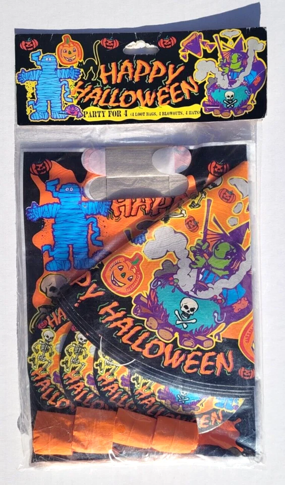 Vintage 1990s Happy Halloween Party for 4 Hats Loot Bags Blow Outs NEW OLD STOCK - Image 3 of 4