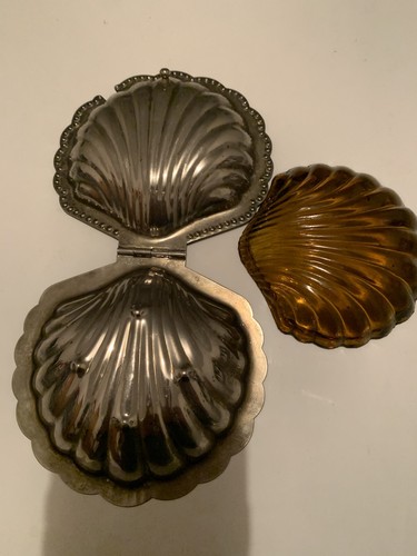 Vtg Silver Plated Leonard Clamshell Condiment Dish Amber Glass Insert No Knife - Picture 4 of 5