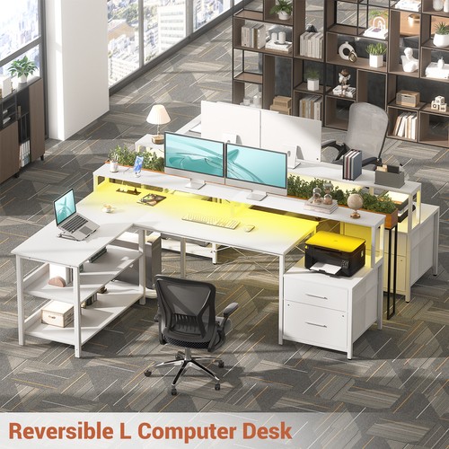67" L Shaped Desk Computer Desk with Power Outlets & LED Lights & File Drawers - Picture 4 of 14