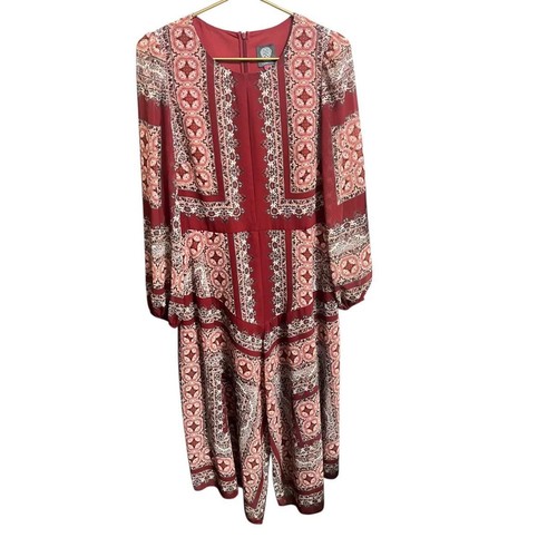 Vince Camuto Kleid Damen Größe 12 rot weiß Midi geometrisches Muster durchsichtig Chiffon *Makel* - Bild 8 von 10