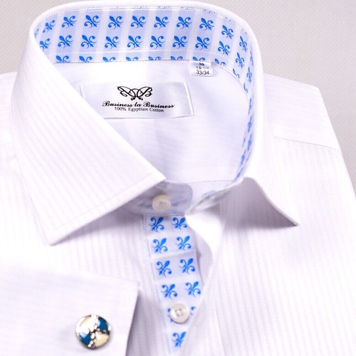 Mini camisa de vestir blanca de espiga con forro interior azul flor de lis moda - Imagen 4 de 14