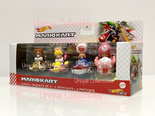 Hot Wheels Mario Kart 4 pack Tanooki Mario Cat Peach Toad Toadette Brand New - Picture 3 of 4