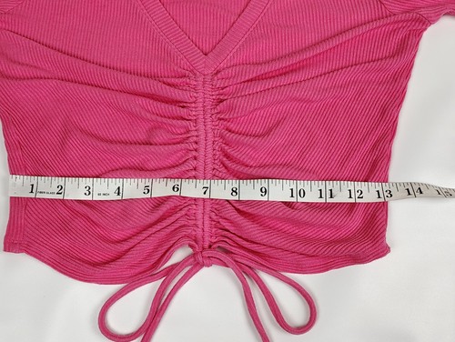 Alo Yoga Ribbed Cinched Cropped Top Long Sleeve Knit Womens M Pink V-Neck Ruched - Picture 10 of 11
