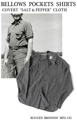 Rugged Bronson Bellow Pocket Work Shirt 30s Vintage Style Salt & Pepper Workwear - Picture 14 of 25