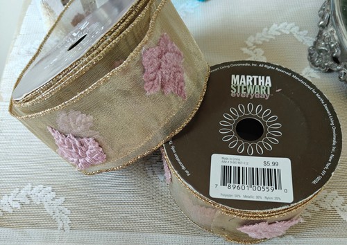 New MARTHA STEWART Luster Holiday Ribbon Metallic Gold Velvet Leaves PINK Wired - Picture 10 of 10