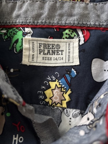 Free Planet Christmas Blue Button UP Collar Shirt Pizza T Rex Snowman Sz 14/16 - Picture 6 of 6