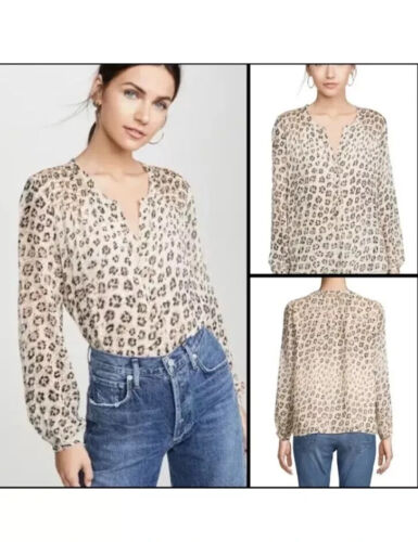 Joie Cordell Leopard Animal print long sleeve 100% silk top in cappuccino size L