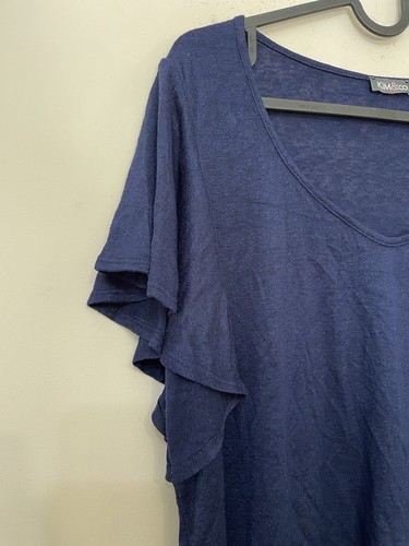 Kim Co blouse top blue navy short sleeve stretchy scoop neck frill size 2XL - Picture 6 of 8