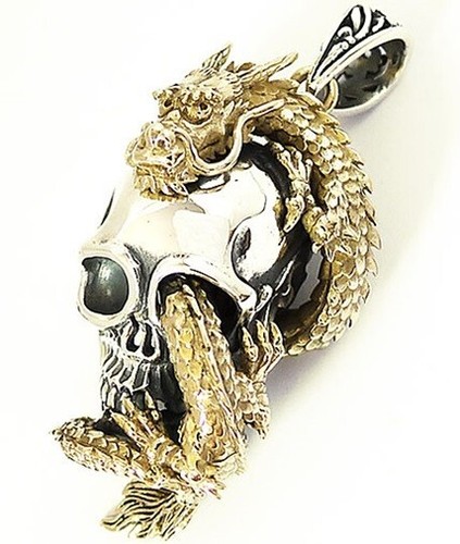 LARGE GOLD DRAGON ON BIG SKULL STERLING SILVER PENDANT - Picture 4 of 8
