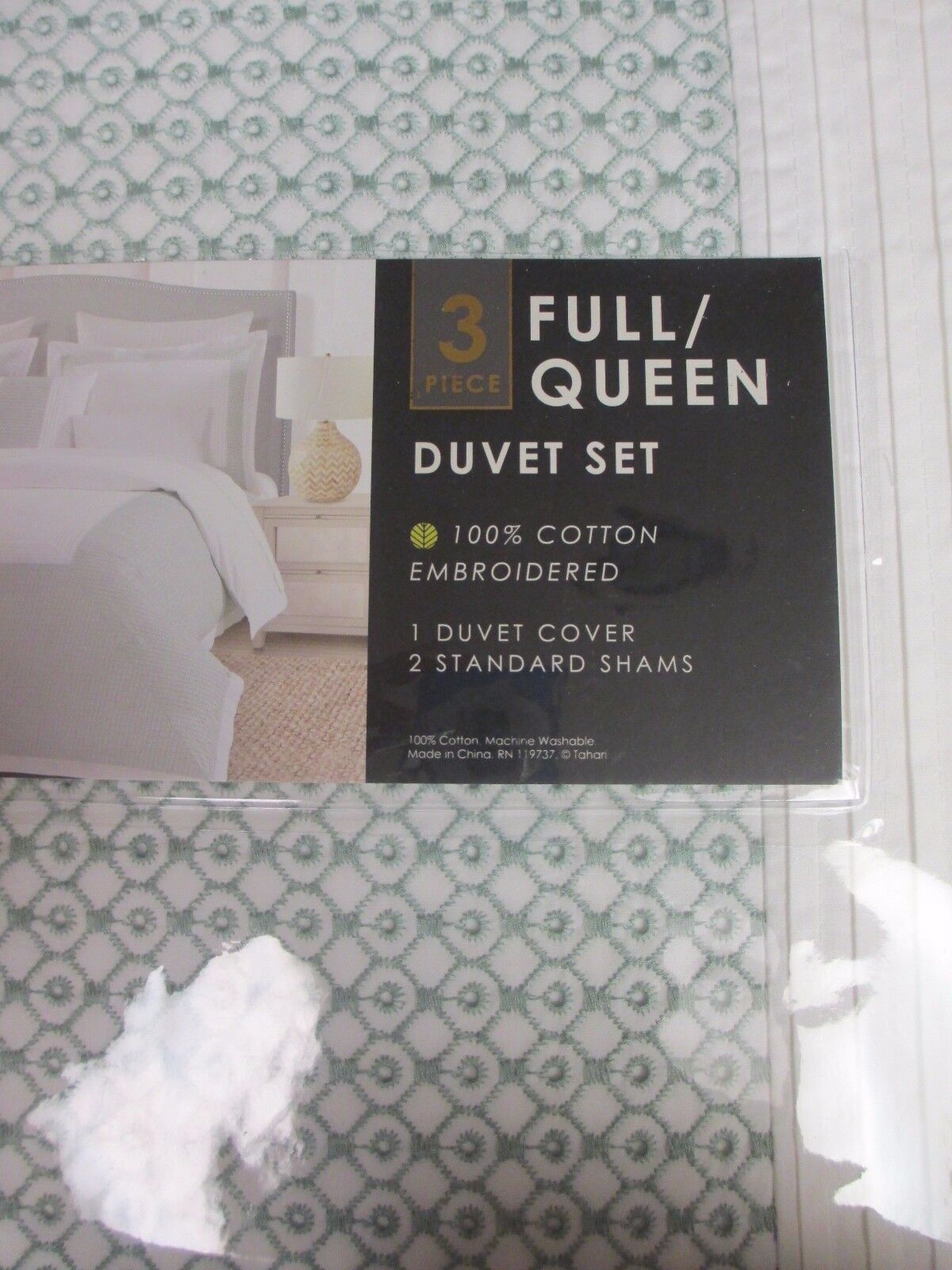 TAHARI Cotton White Green Embroidered Pleated Frame Floral Duvet Set- Full/Queen Obfita, bezpłatna wysyłka