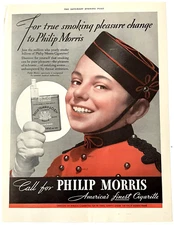 1938 Phillip Morris Child Kid Boy Bell Hop Cigarette Smoking Vintage Print Ad