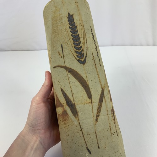 Vintage Tall Signed Art Pottery Cylindrical Vase 12” Wheat Design - Picture 2 of 10