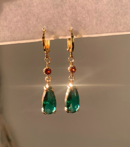 18k Gold Plated Sterling Silver Earings With Green Emerald Gemstone All Typ Wear - Picture 3 of 10