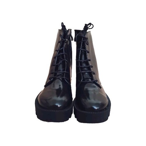 New Look Black Leather-Look Shiny Chunky Lace Up/Zip Boots UK Size 4 EU 37, New - Picture 2 of 5
