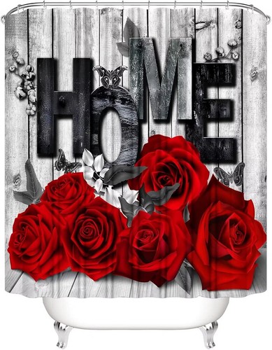 Red Rose 4 Pcs Shower Curtain Sets Non-Slip Rugs Bath Mat Toilet Cover U Shaped - Picture 3 of 11
