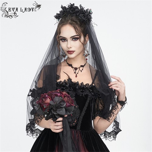 DEVIL FASHION Damen Gothic Punk Netz Spitze Rose Blume Clip Brautschleier Schwarz - Bild 6 von 22