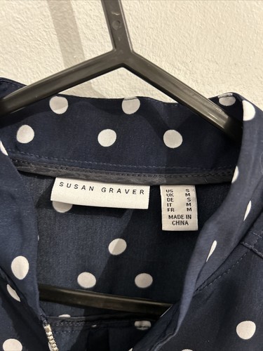 Women Designer Susan Graver Medium 10-12 Dark Blue White polka dot Zip Up Jacket - Picture 2 of 4