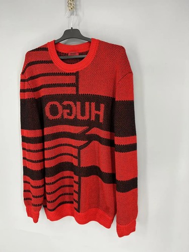 Vintage HUGO BOSS Wool Sweater Big Logo Knit Red Black XL - Picture 12 of 13