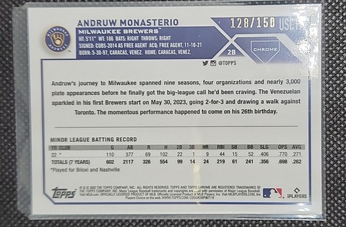 2023 Topps Chrome Update Andruw Monasterio RC Blue Refractor /150 Color Match - Bild 3 von 6