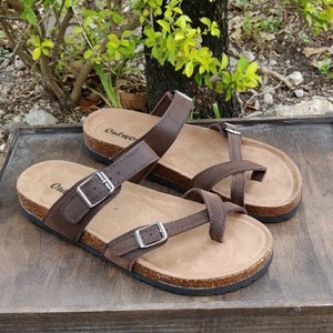 Outwoods-Womens-Footbed-Sandals-Vegan-Leather-Flat-Buckle-Toe-Loop-Rich-Brown
