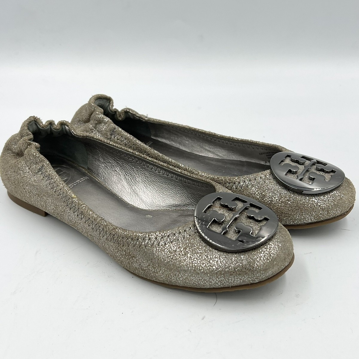 Tory Burch Reva Vintage Metallic Distressed Pewter Flats Size 5M