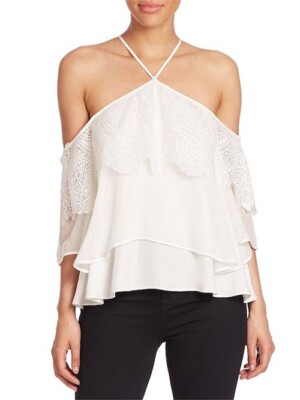 Cinq à Sept Fleur Silk Tiered Cold-Shoulder white lace Top Blouse, NWT, size S