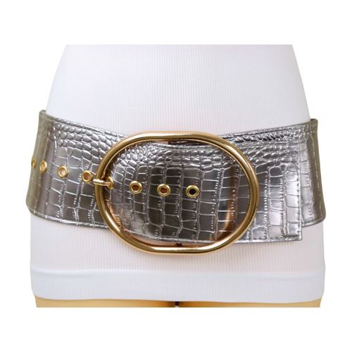 Cintura donna fascia larga argento metallizzato cromato fibbia oro ovale metallo S M - Foto 17 di 24