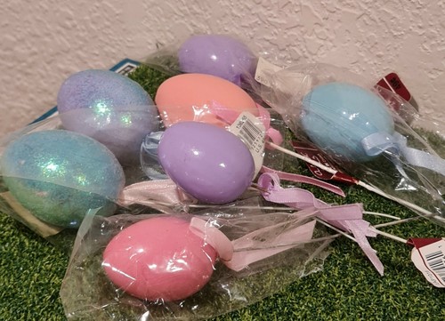 7 pc LOT of GLITTER SPARKLE & SOLID COLOR EASTER EGG FLORAL PICKS ~ 2 SIZES ~NOS - Picture 2 of 6