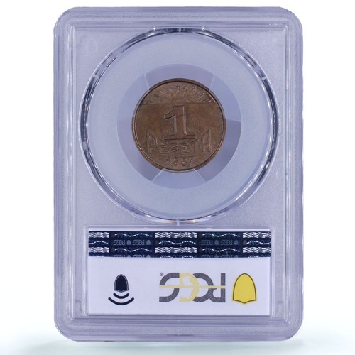 Spain Asturia 1 peseta Republic Coinage Seedsman KM-2 MS63 PCGS copper coin 1937 - Picture 4 of 4