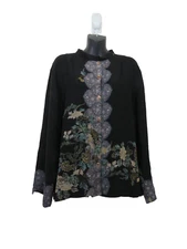 Citron 2X Silk Button Front Blouse Floral Asian Insired Print Mandarin Black