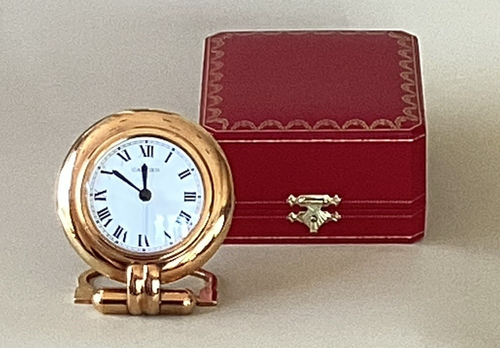 CARTIER 24k Gold Sapphire Colisee Travel Clock w/Alarm & Original Box Sapphire - Picture 2 of 13