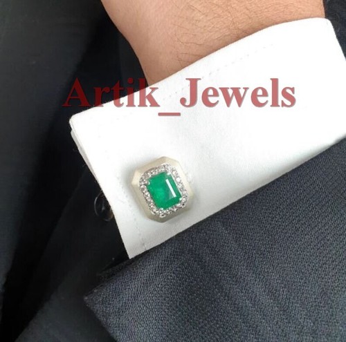 Simulated Emerald Gemstone With 14K White Gold Plated Silver Cufflink #659 - Picture 4 of 11