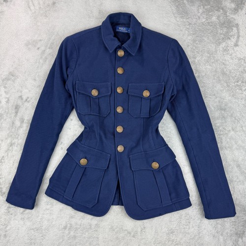 RARO Polo Ralph Lauren Mujer Sarga Azul Marino Ejército Blazer Dorado Botones Bolsillos Delanteros - Imagen 10 de 10