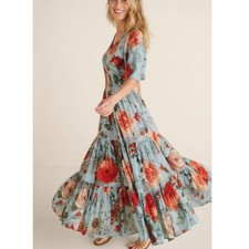 Soft Surroundings First Blooms Dress Womens S Blue Floral Tiered Maxi Good Boho
